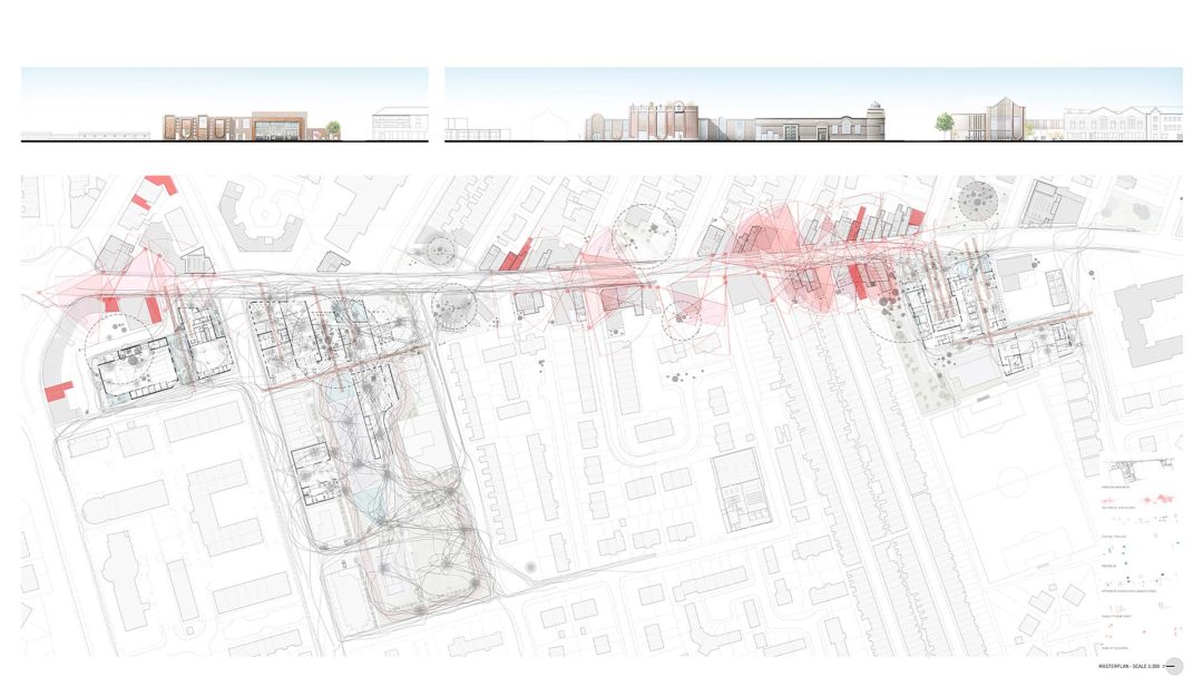 Masterplan and Street Elevation As shown on the masterplan, an overlay of site analysis played a vital role in our design development, specifically showing how young boys used certain spaces and how they were potentially being perceived. The first layer of analysis includes the existing; mechanical surveillance, movement, access points, urban landscape and site typology on Lodge Lane. Overlayed upon this is a secondary proposed analysis depicting both our new design and how we assume occupants will move throughout it.