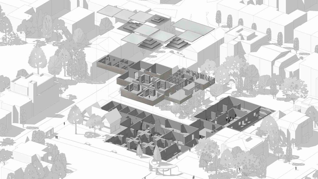 Exploded Axonometric showing the basement, ground floor and roof lines.