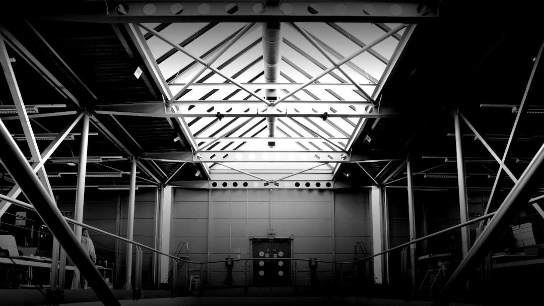 Interior of the Stirling gallery, steel frames with a pitched glass roof.