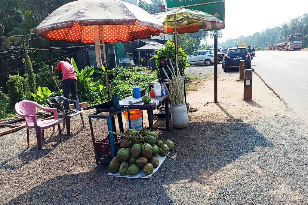Mangoes piled beside road next to make shift market stalls.