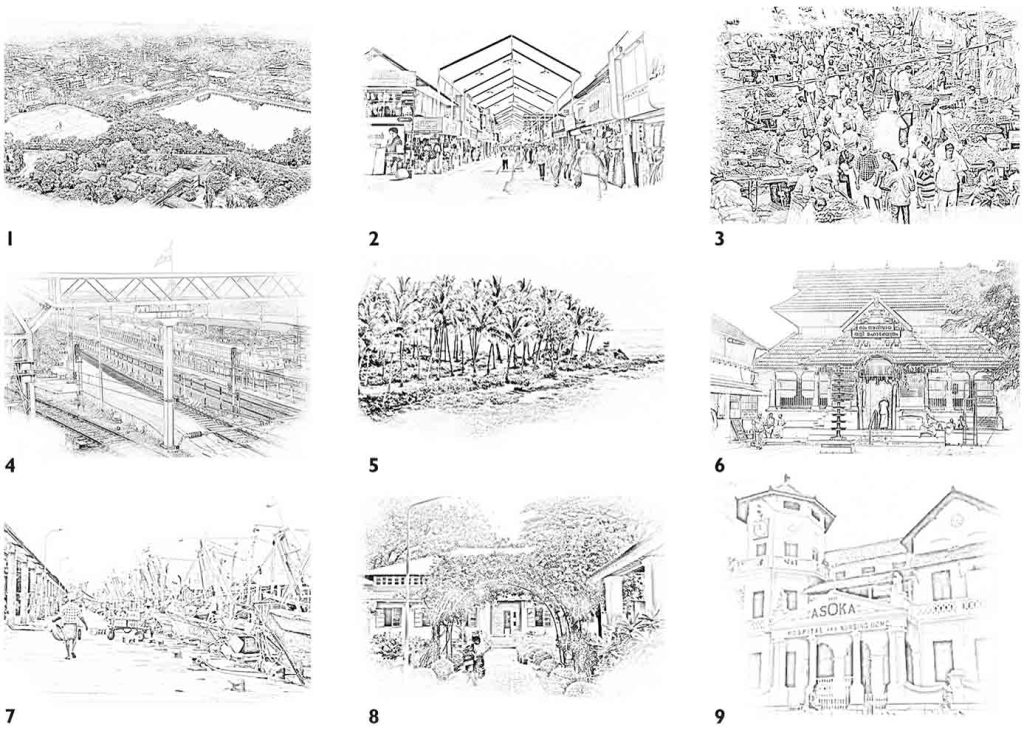 Nine line drawings showing views of city landmarks.