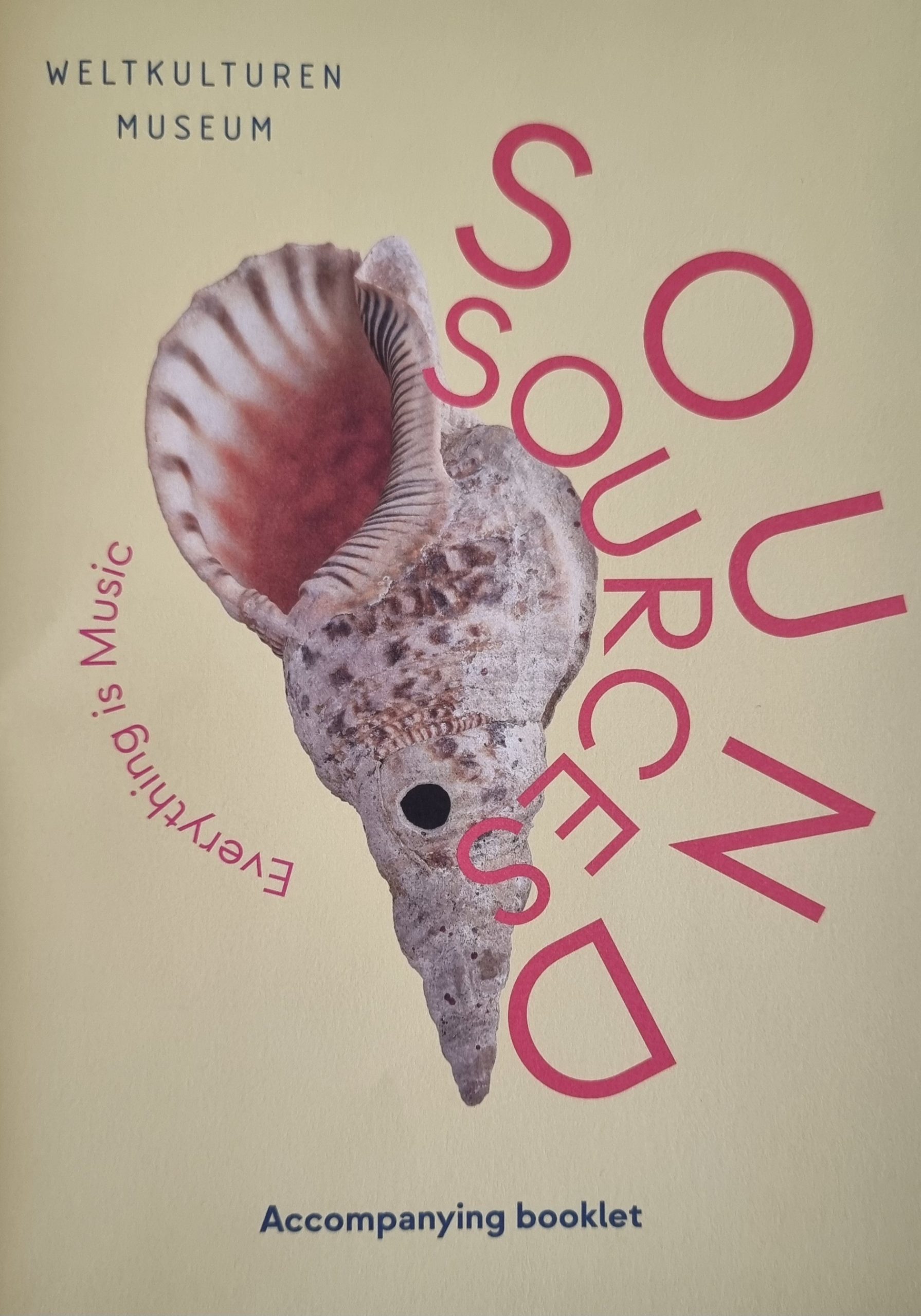 Poster of a sea shell with the text Sound SOurces aranged around it like a sound wave.