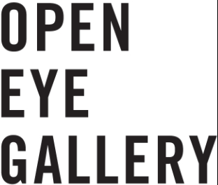 White block with black text over three lines reading "Open Eye Gallery"